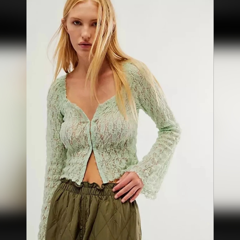 Free People FP One Madison Top Smocked Lace Sheer Hook-Front Bell Sleeve NEW S